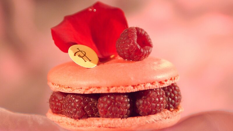 Raspberry Macaron Dessert — Pink, Delicate, Photograph, Rose Petal, Red, Gold