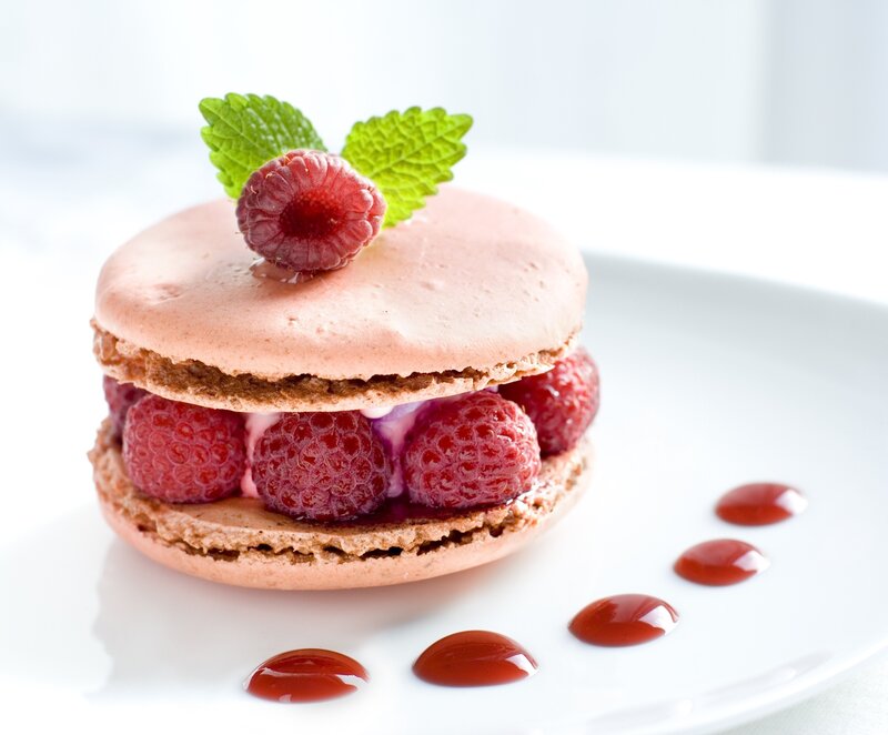 Raspberry Macaron Dessert — Pink, Delicate, Photograph