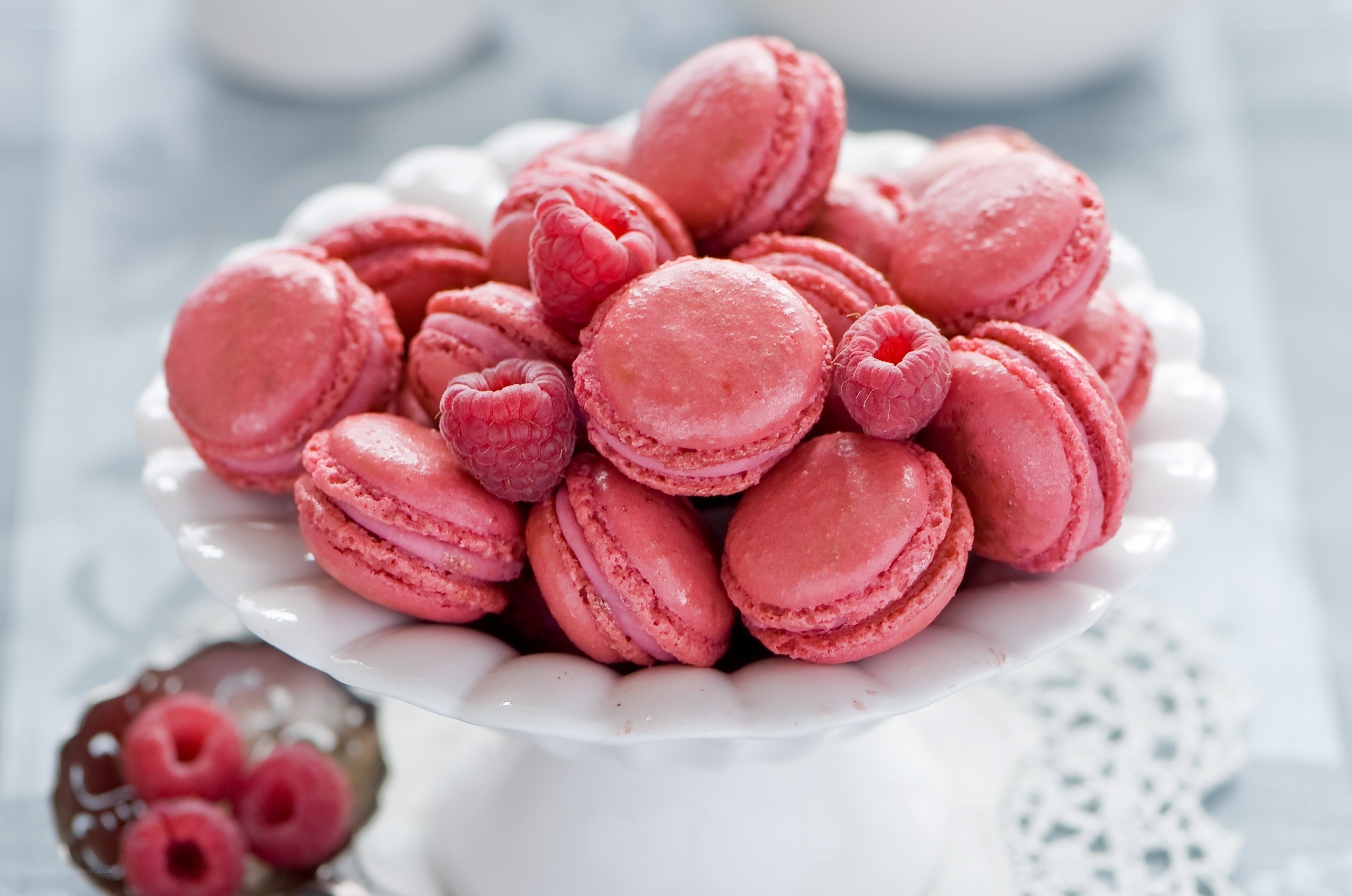 Raspberry macarons on a stand