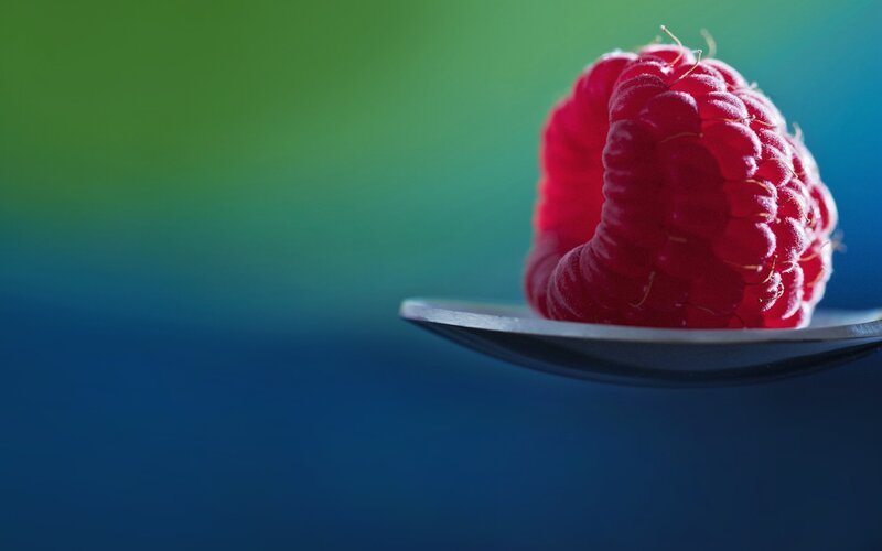 Raspberry on Spoon — Red, Dramatic, Photograph