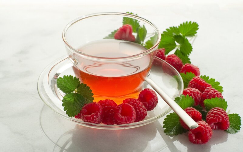 Raspberry Tea in Glass Cup — Red, Calm, Photograph