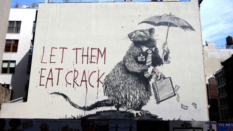 Rat graffiti mural with text