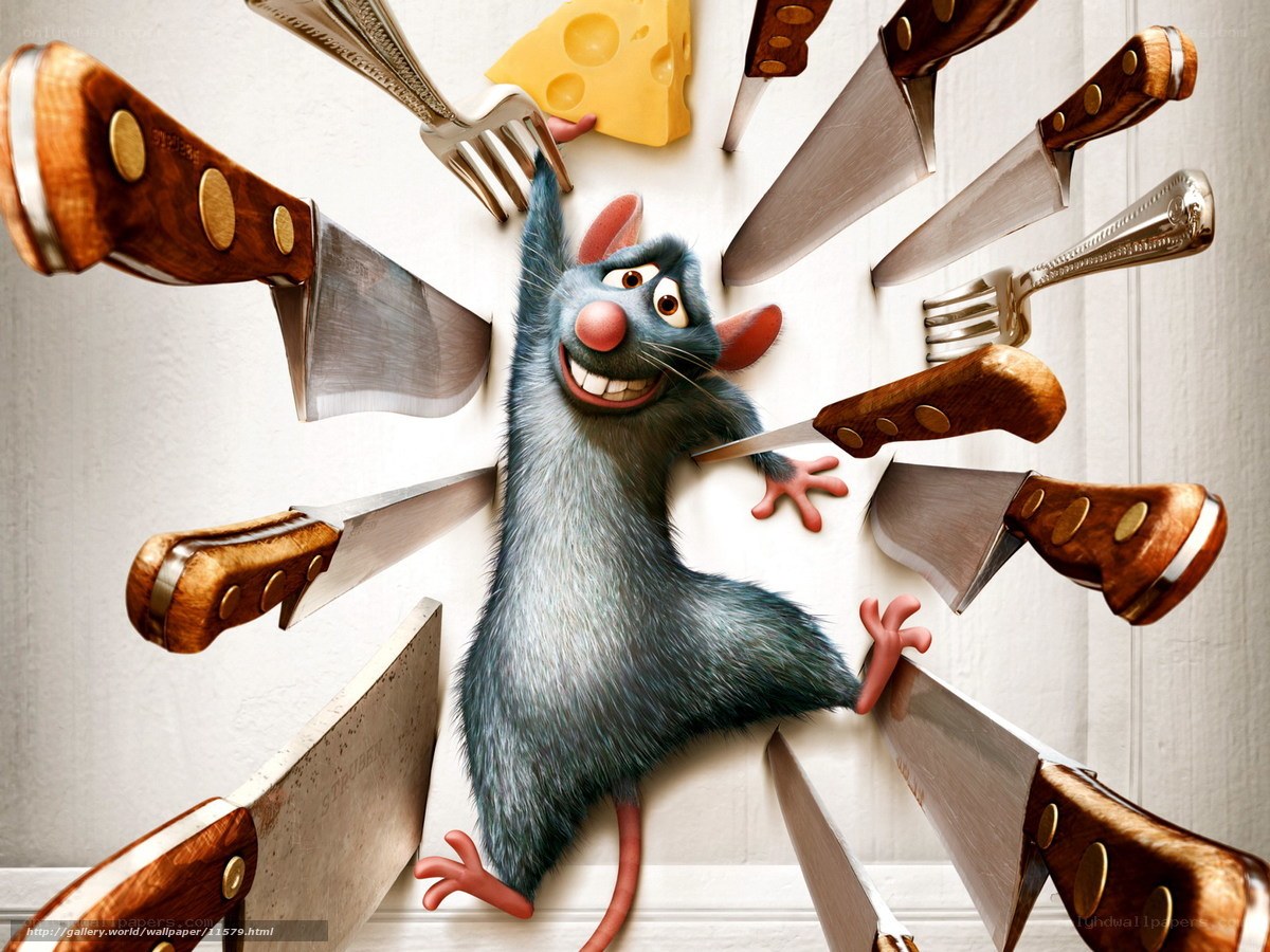 Ratatouille rat surrounded by knives