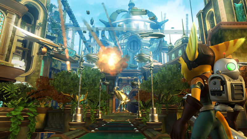 Ratchet and Clank in a futuristic city