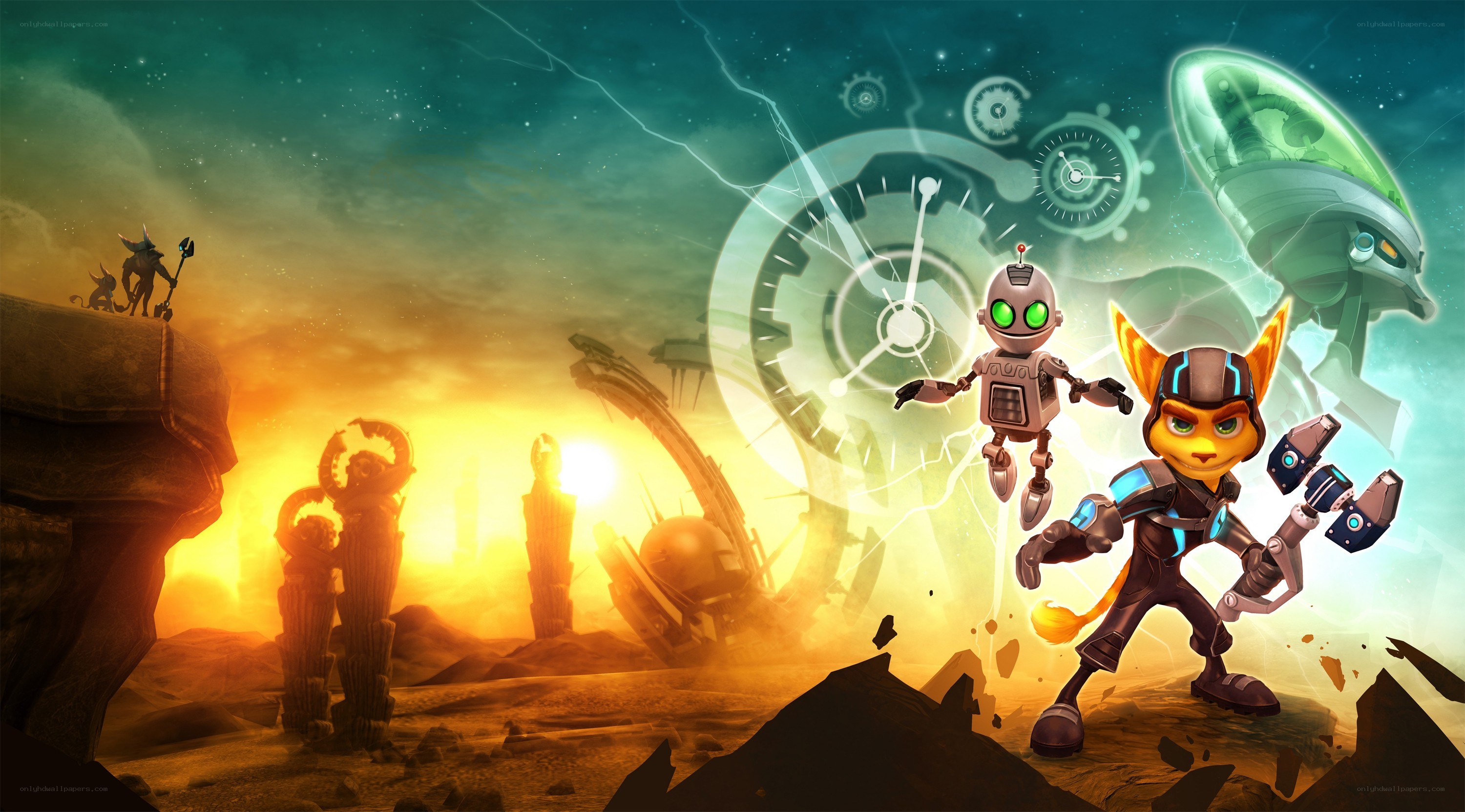 Ratchet and Clank in a sci-fi landscape