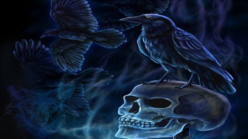 Raven on Skull — Blue, Dark
