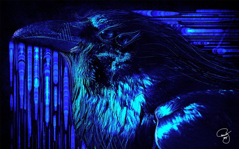 Raven with Glowing Blue Feathers