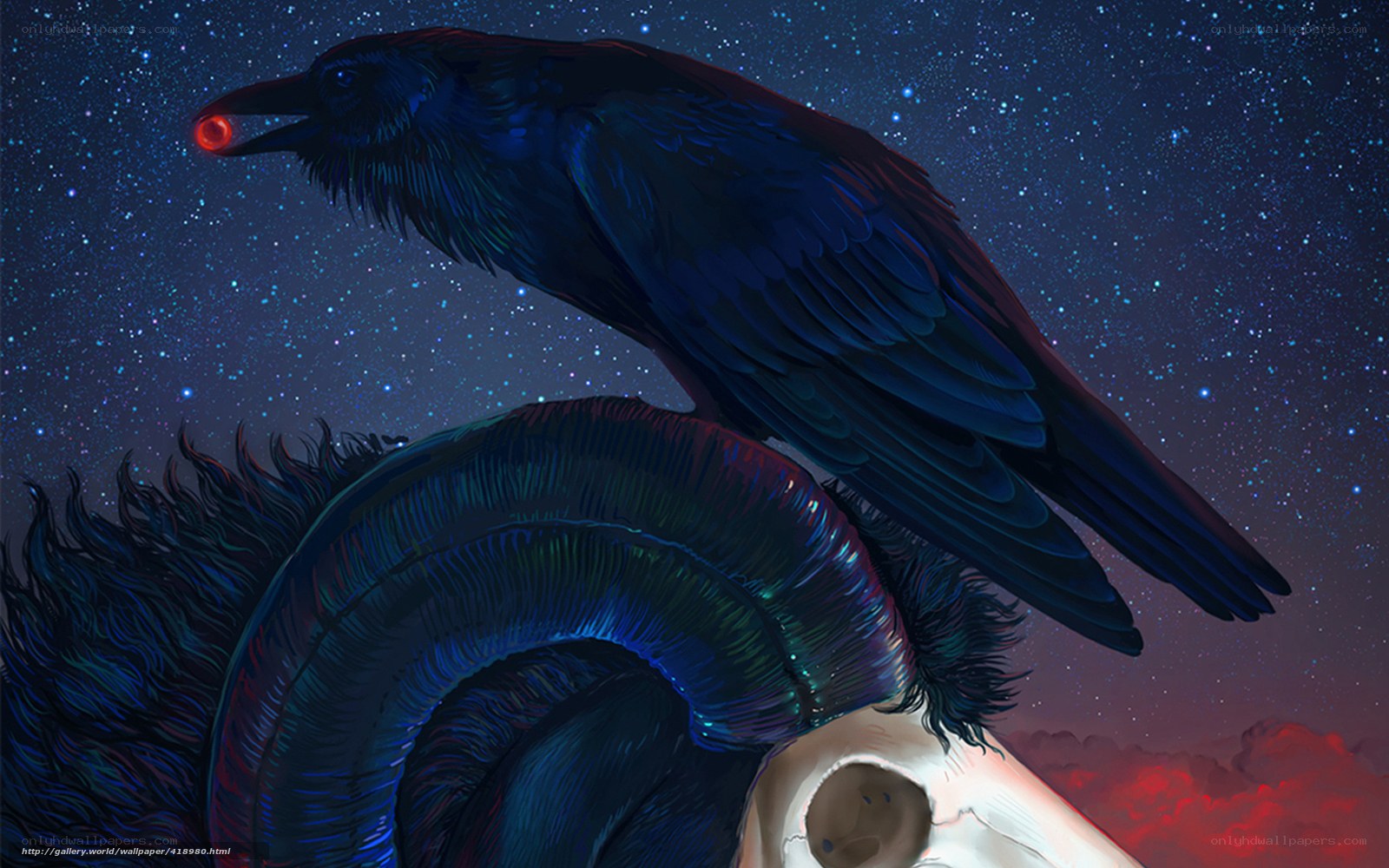 raven with red orb on skull