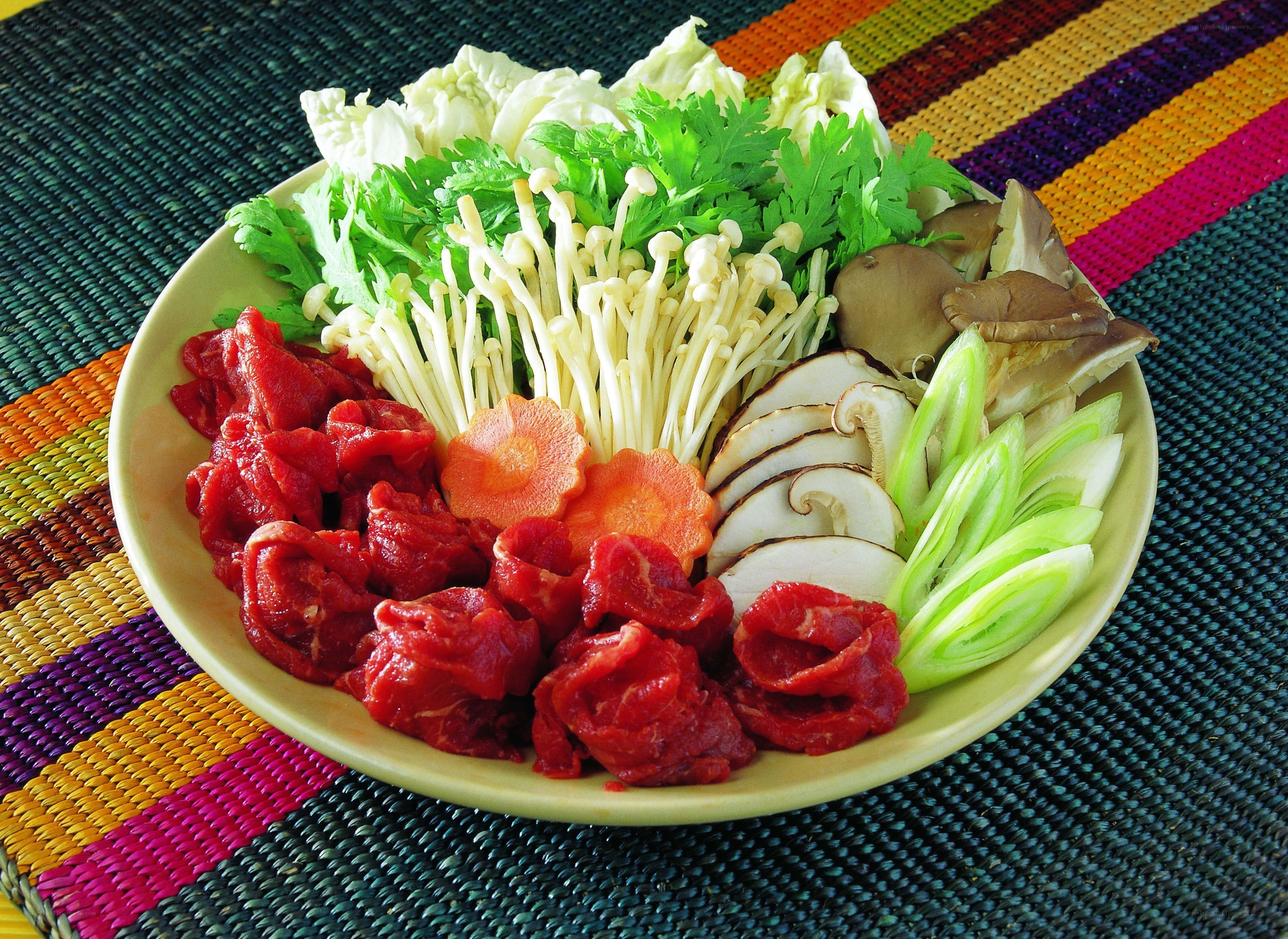 Raw beef and vegetables for hot pot