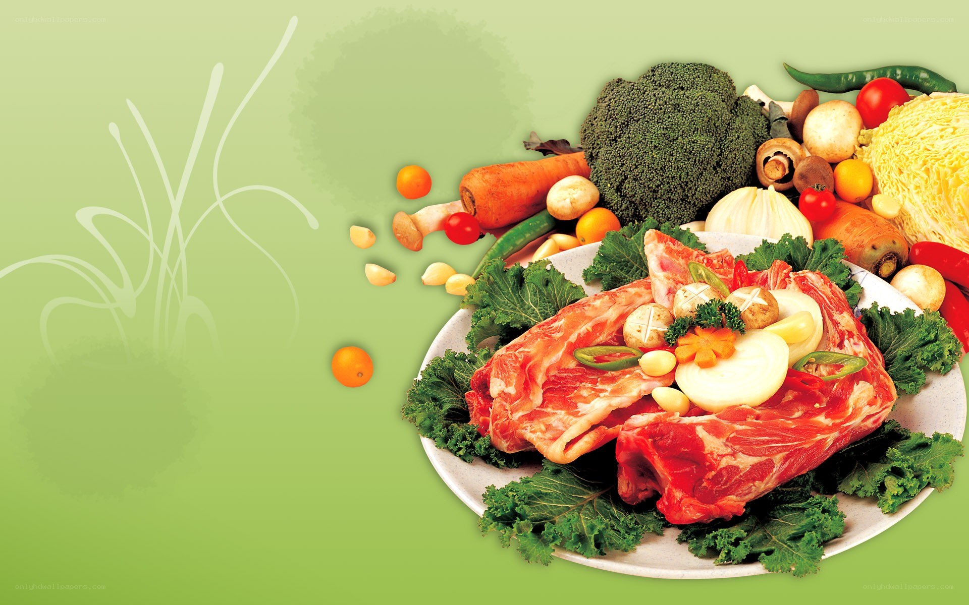 raw meat and fresh vegetables