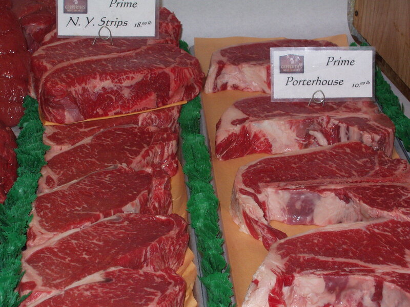 Raw meat display at a butcher shop