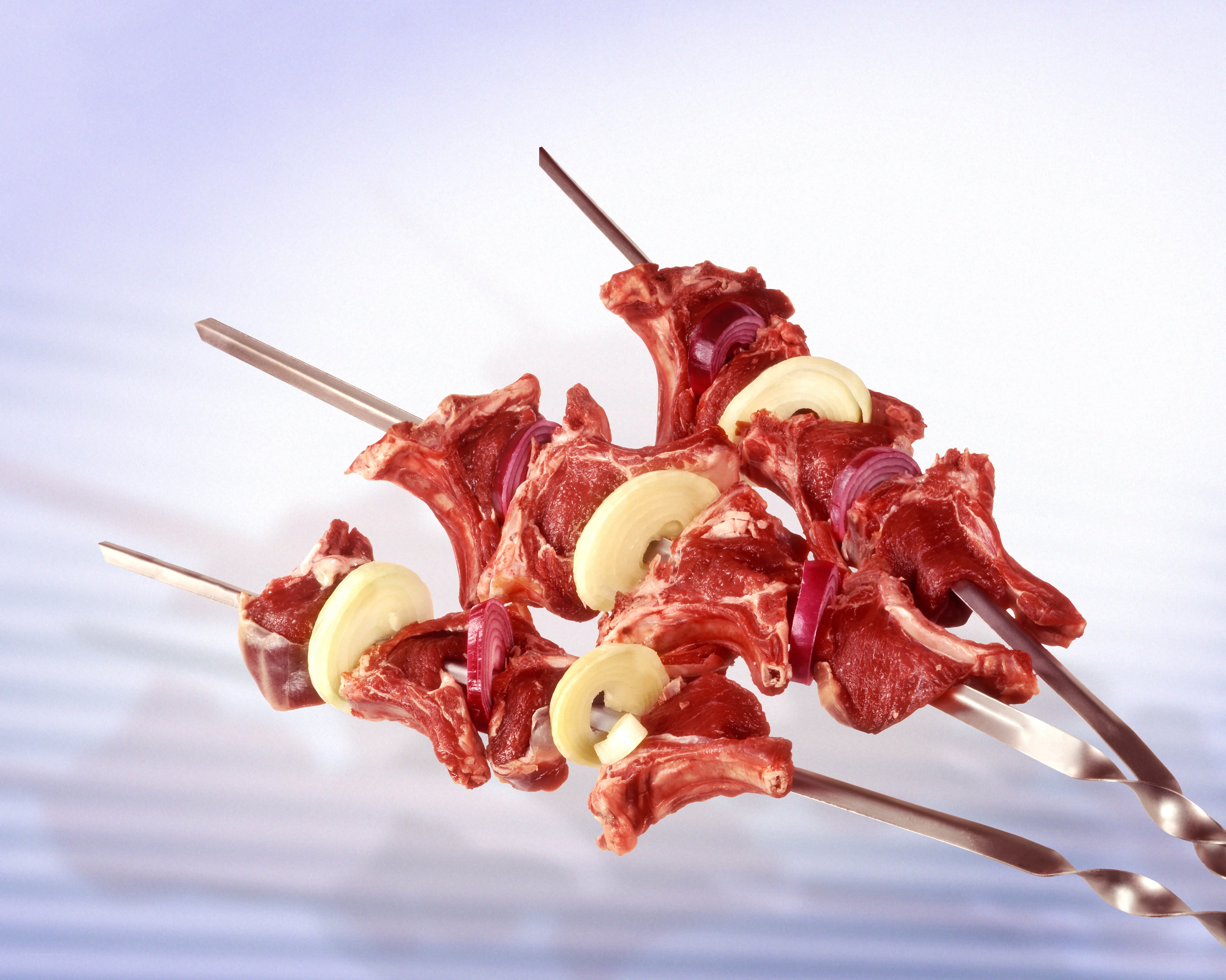 raw meat skewers with onions