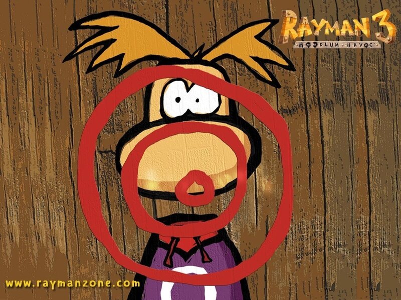 Rayman character on wood background