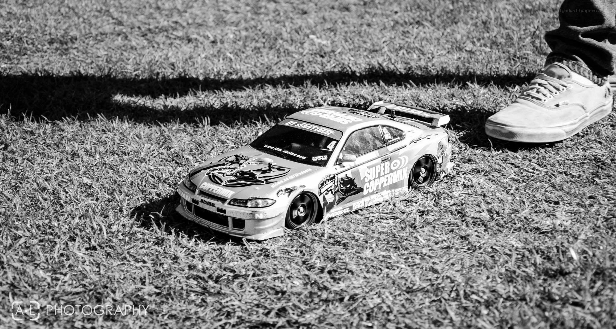 RC car on grass with person