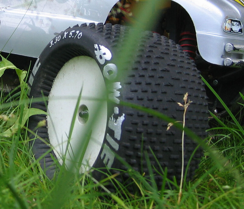 RC car tire in grass