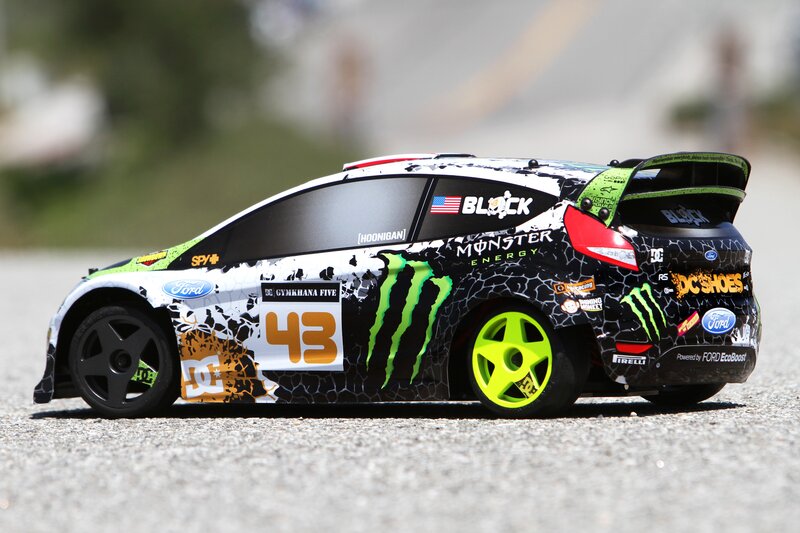 RC rally car with Monster Energy livery