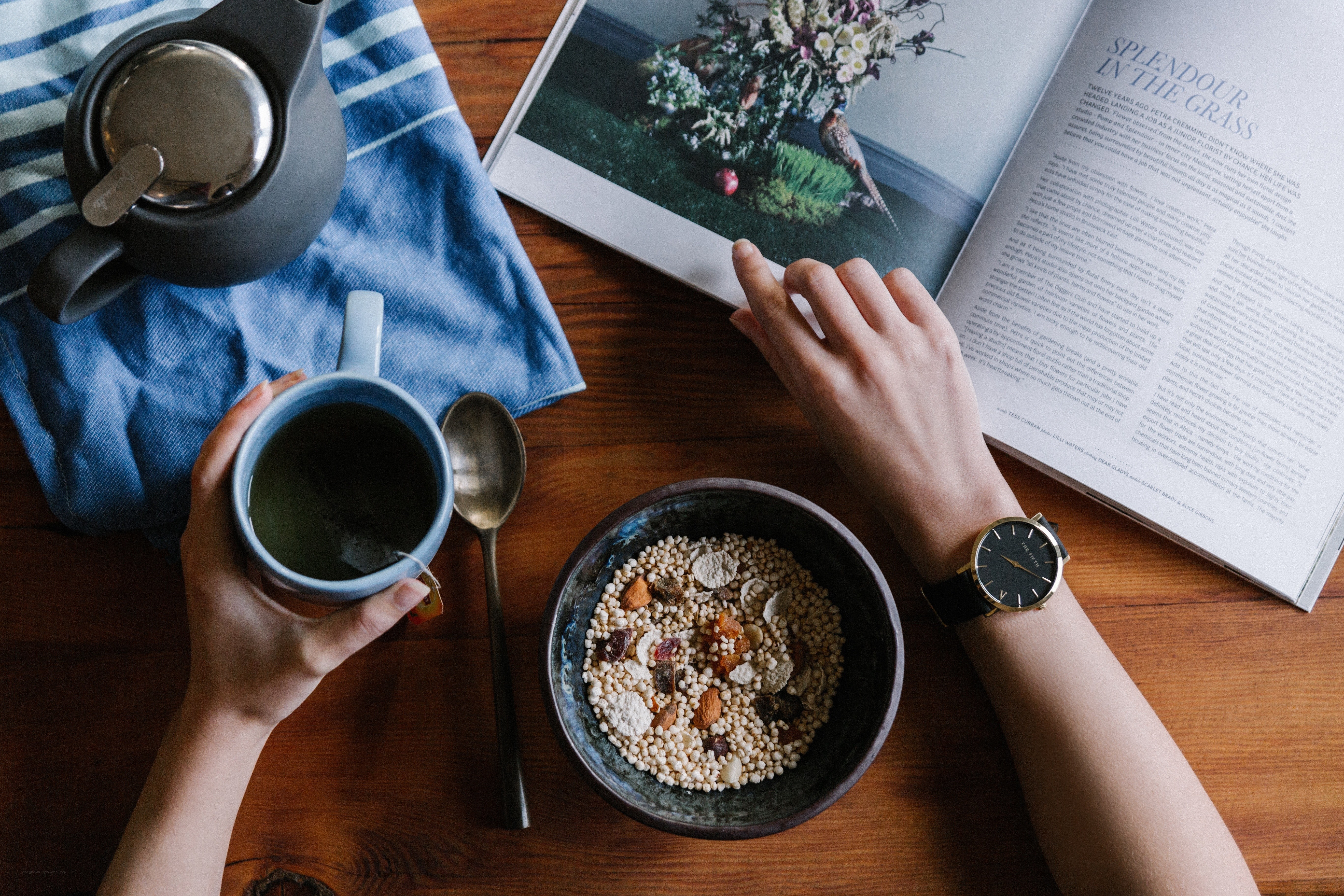 Reading with tea and granola
