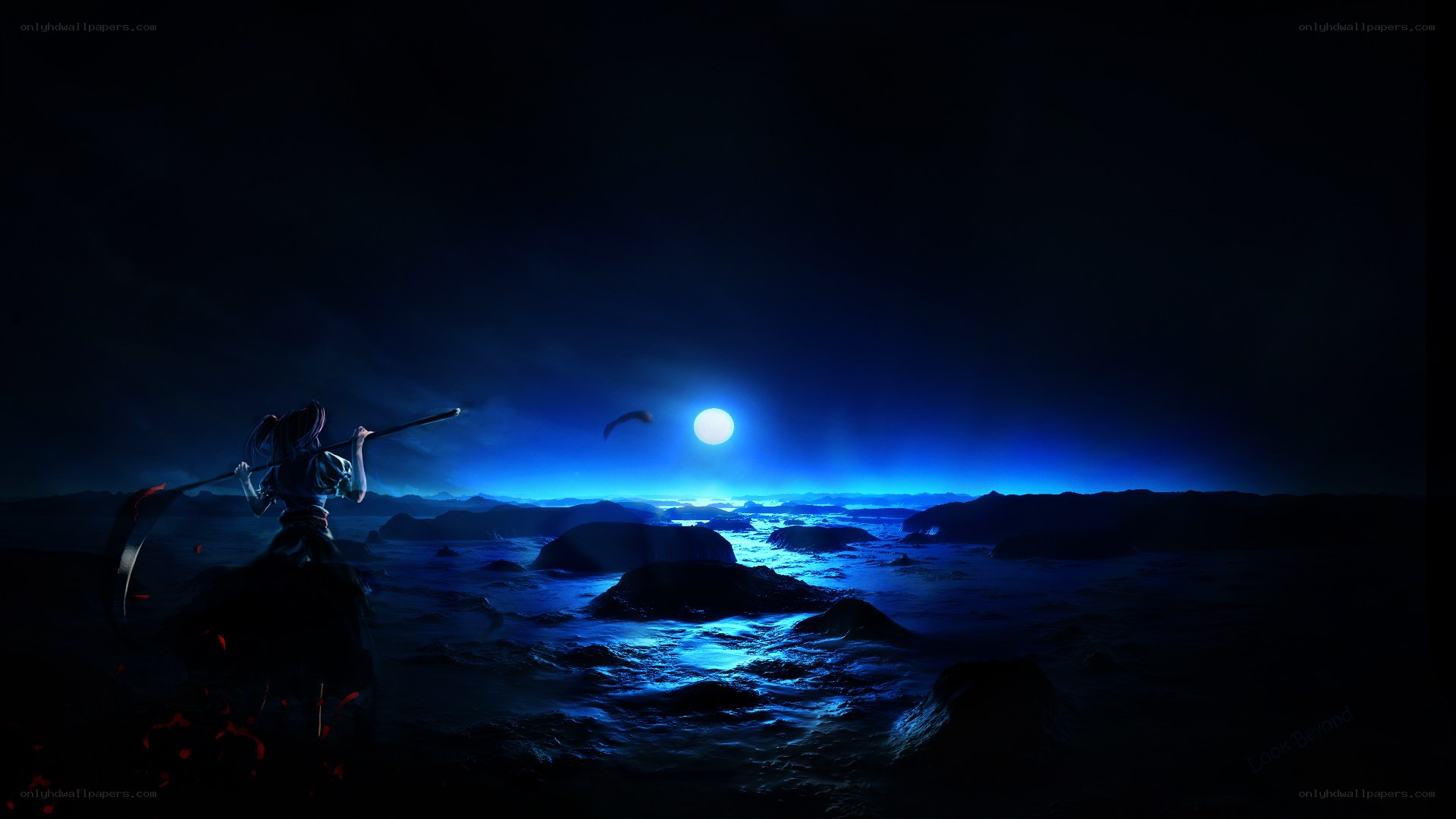 Reaper at the moonlit shore