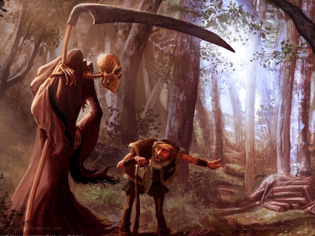 Reaper confronts a man in the forest