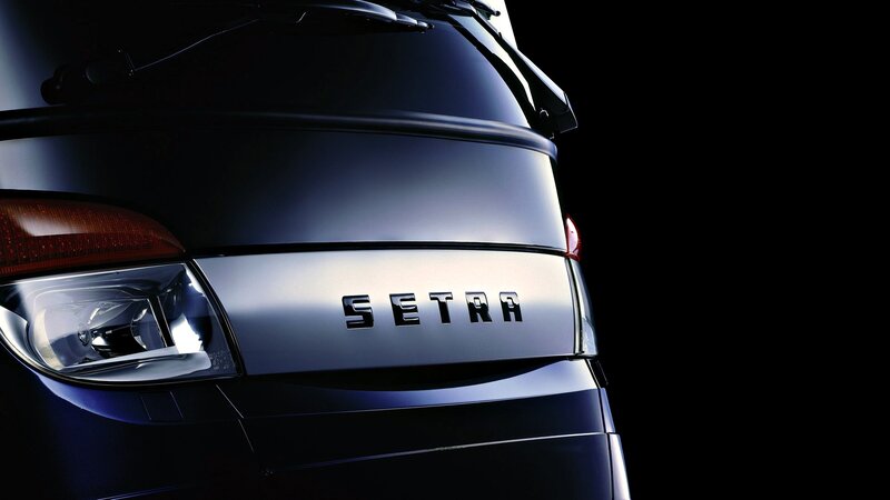 Rear of a dark blue Setra vehicle