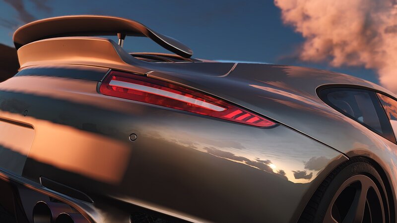 Rear of Silver Sports Car — Dramatic, Sunset