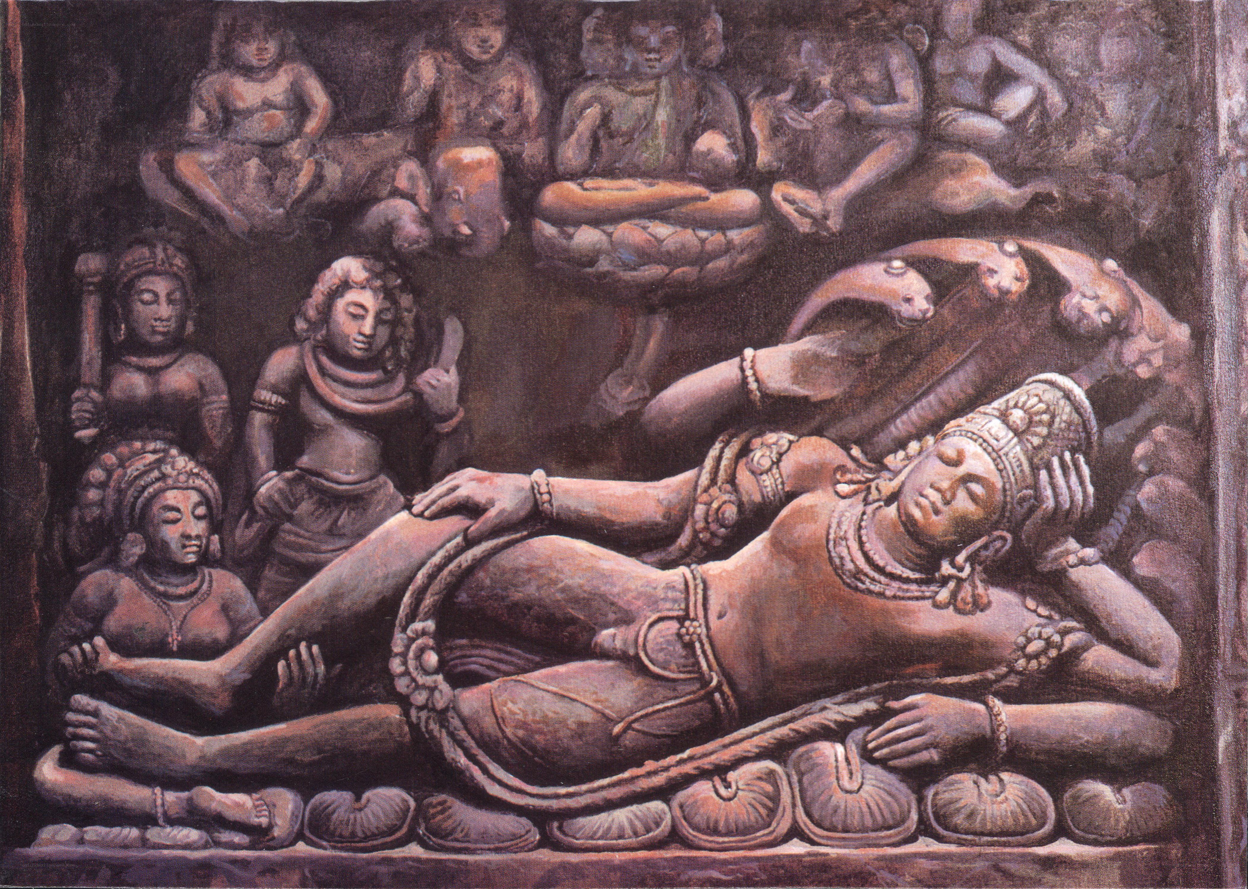 Reclining deity with serpents