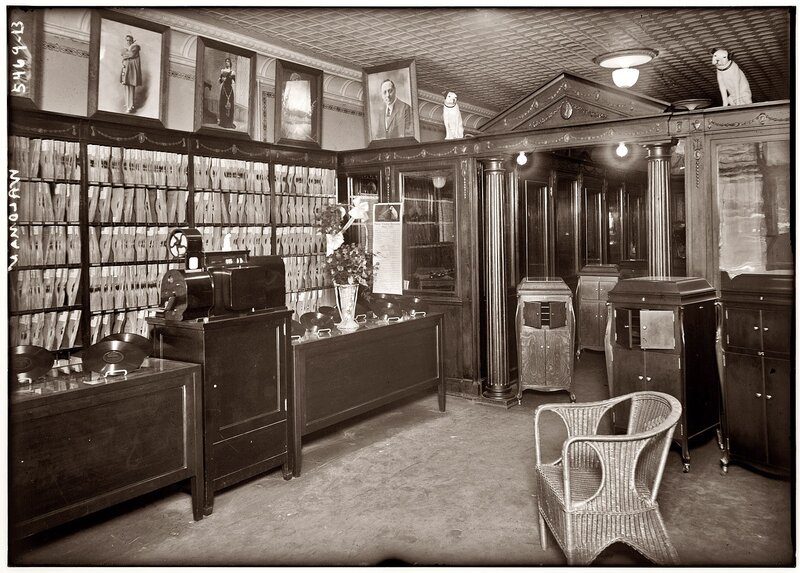 Record store interior with phonographs