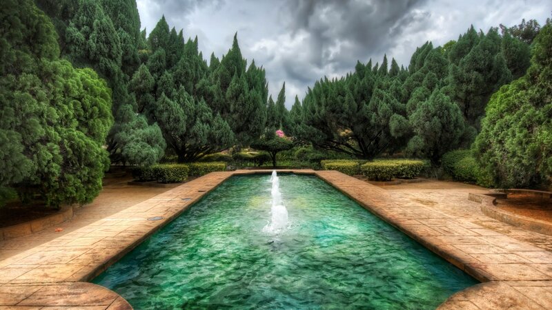 Rectangular Pool with Fountain — Green, Serene, Afternoon, Photograph