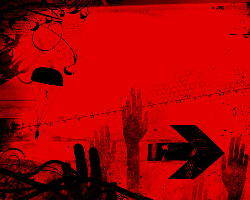 Red abstract collage with hands and parachute