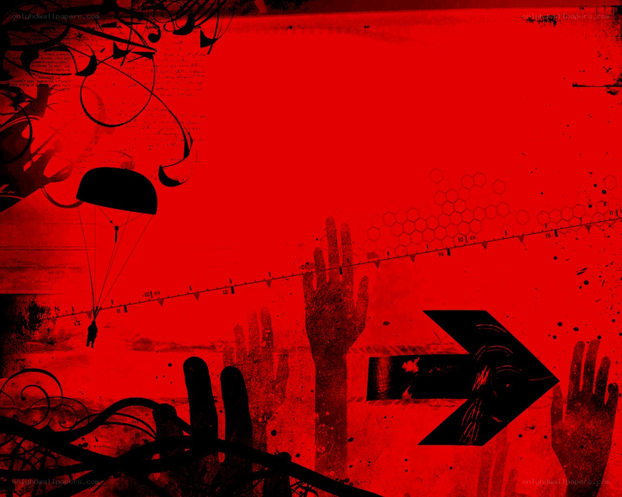 Red abstract collage with hands and parachute