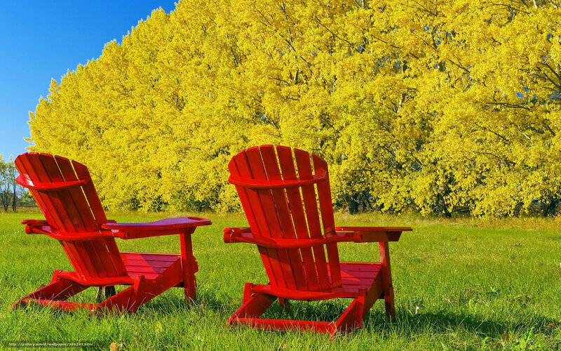 Red Adirondack Chairs — Serene, Autumn