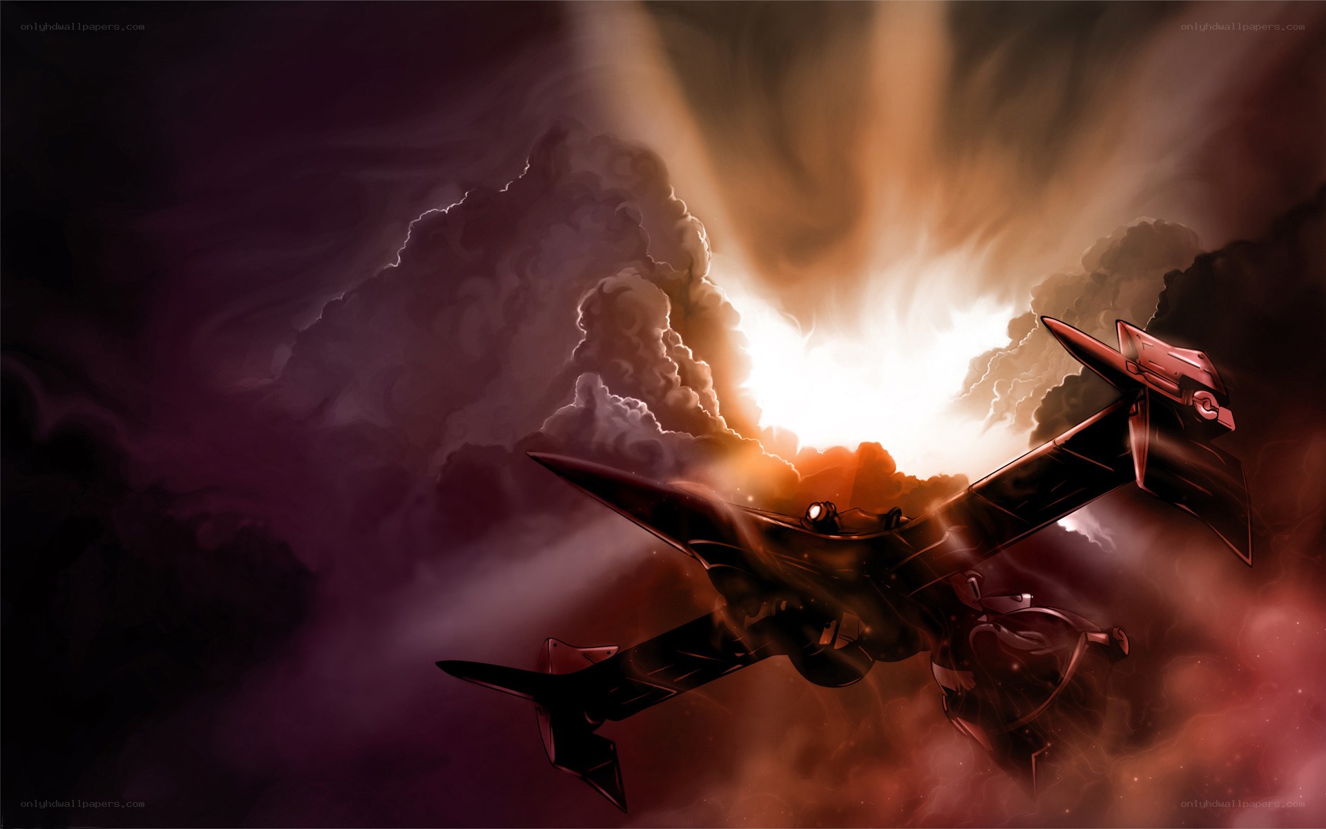 Red aircraft in stormy sky