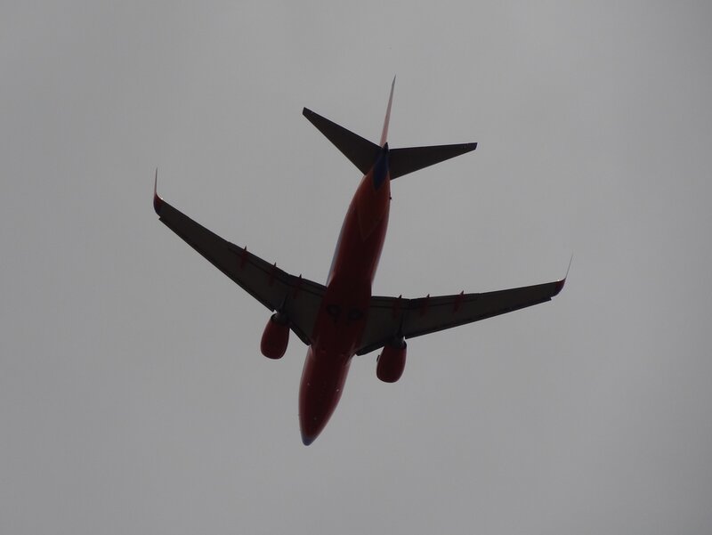 Red Airplane in Flight — Gray