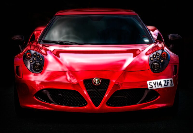 Red Alfa Romeo Car — Dramatic, Photograph, Headlights