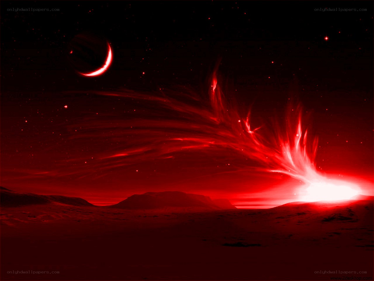 Red alien landscape with celestial body