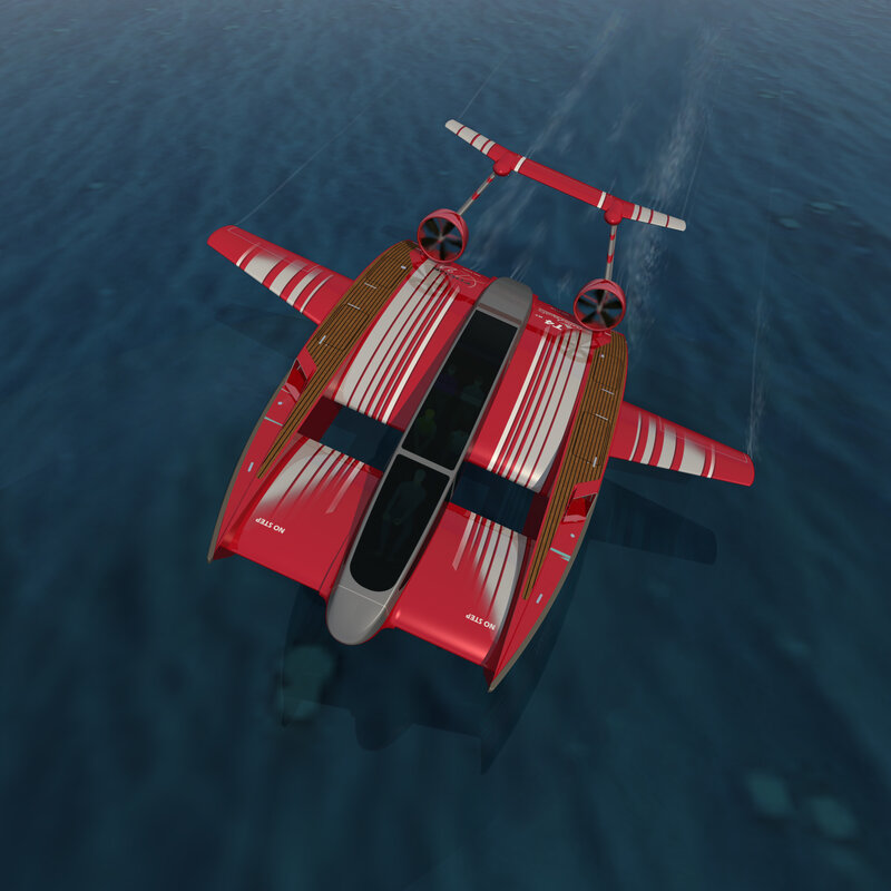 Red amphibious vehicle on water