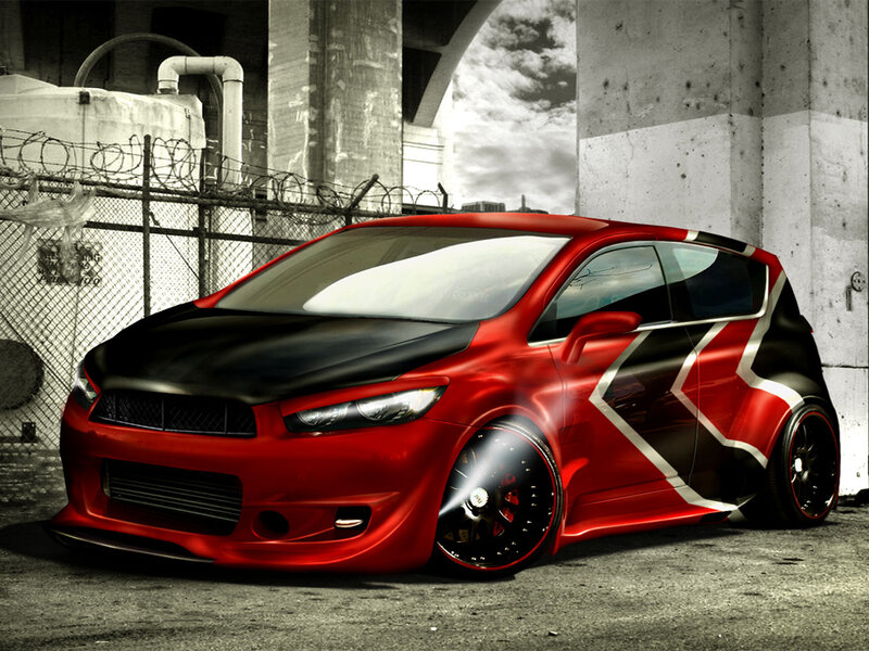 Red and Black Car — Dramatic, Digital Art, Concrete Pillars