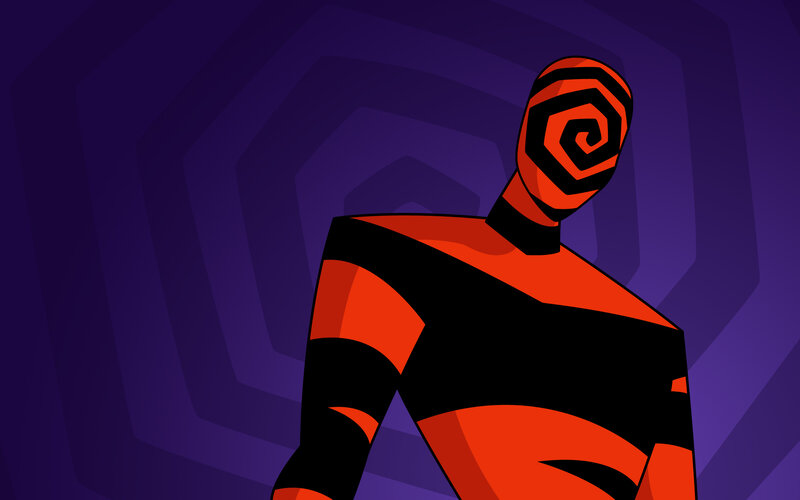 red and black character with spiral mask