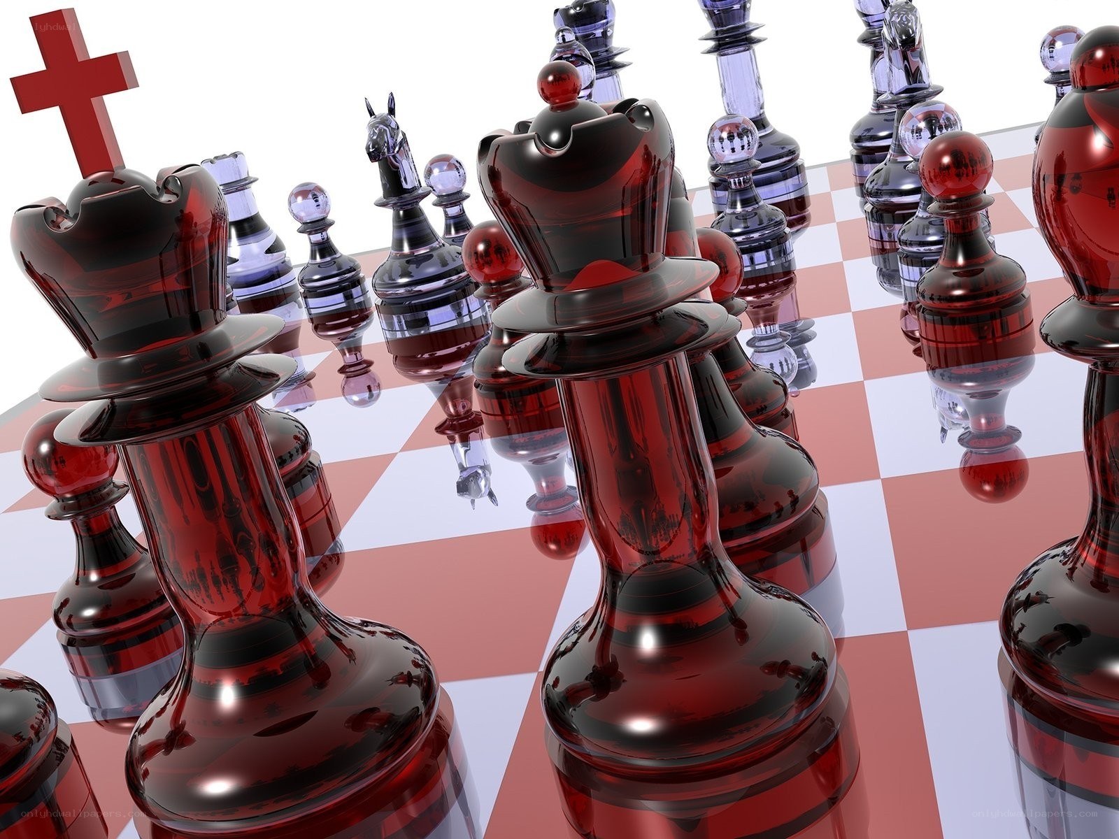 Red and black chess pieces on board