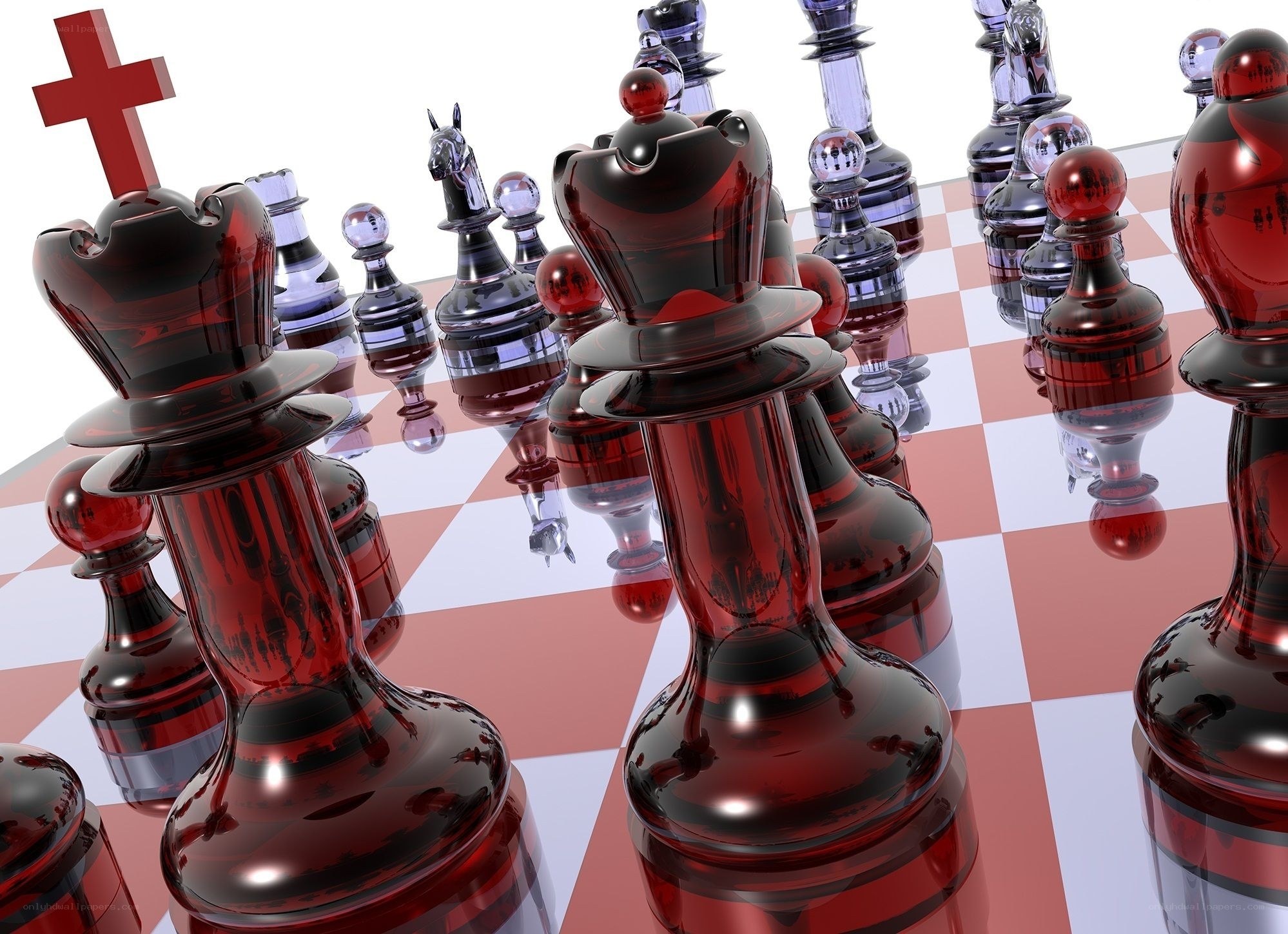 Red and black chess pieces