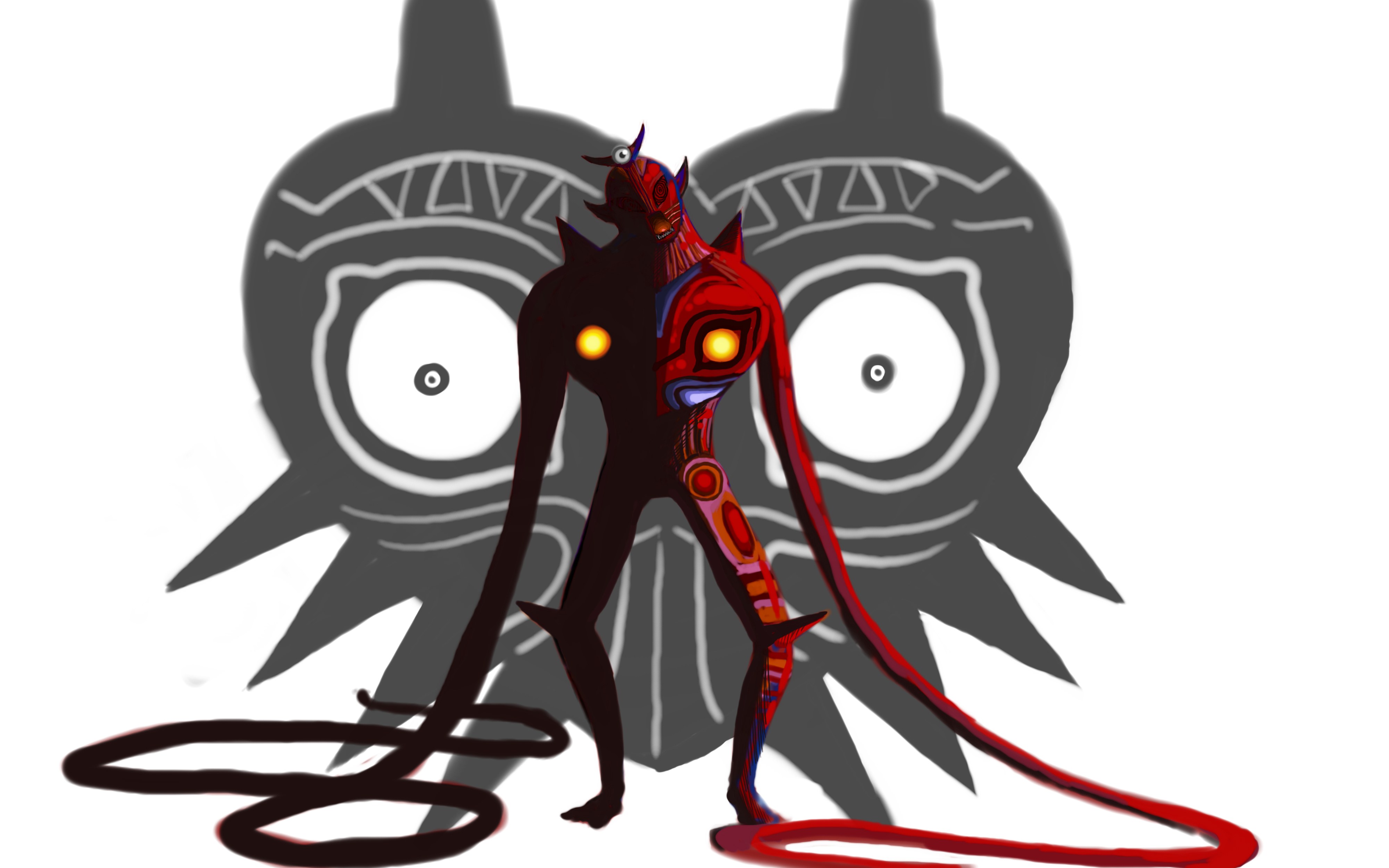 red and black creature with glowing eyes