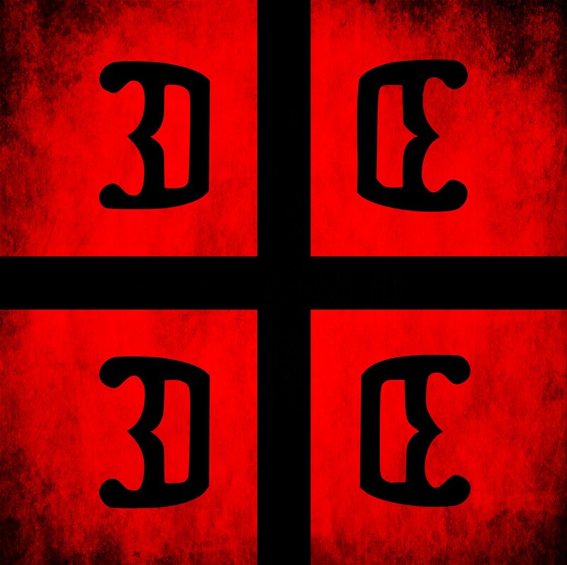 Red and black cross with Greek letters