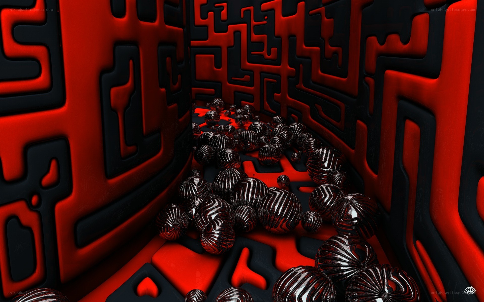 Red and black maze with spheres