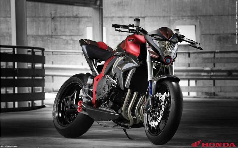 Red and Black Motorcycle — Dramatic, Photograph, Concrete Wall, Metal Railing