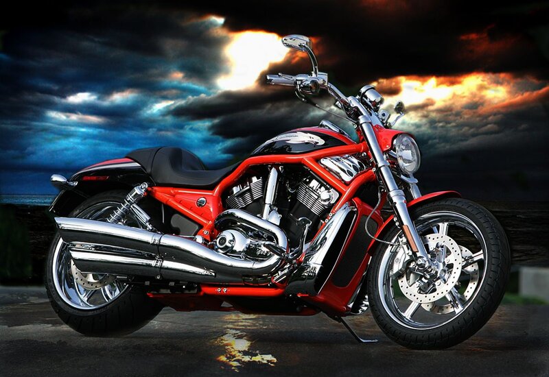 Red and Black Motorcycle — Dramatic, Sunset, Photograph