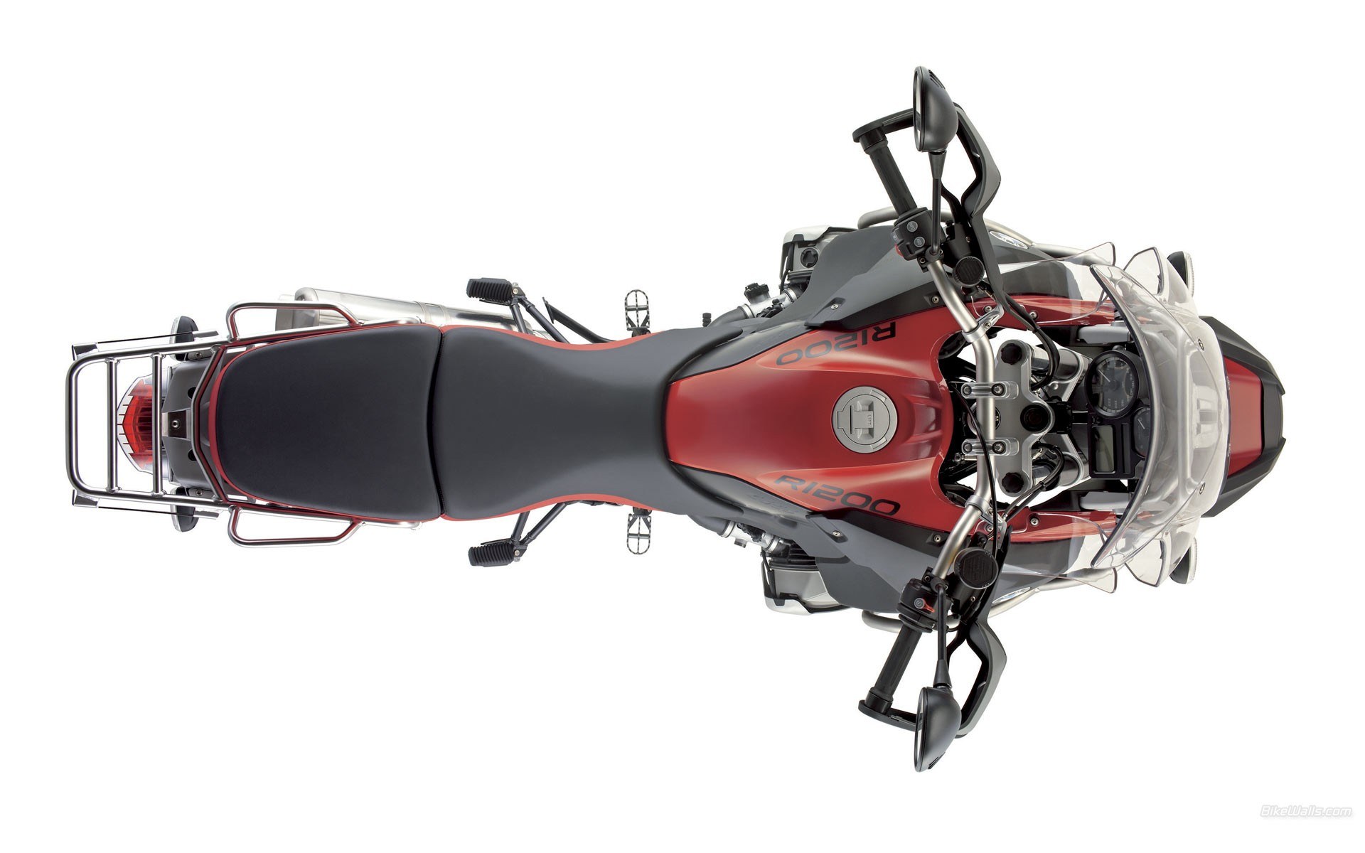 Red and black motorcycle from above