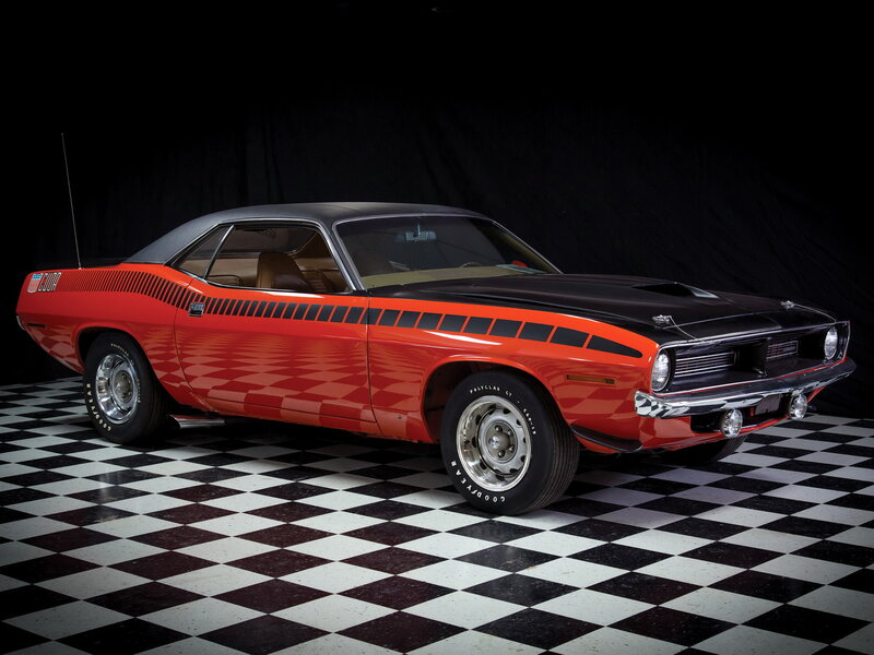 Red and Black Muscle Car — Dramatic, Photograph, Checkered Floor