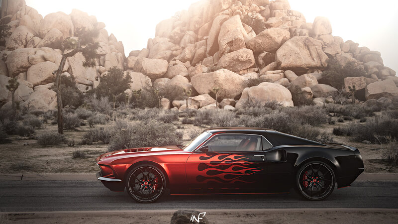 Red and Black Muscle Car — Dramatic, Sunset, Digital Art