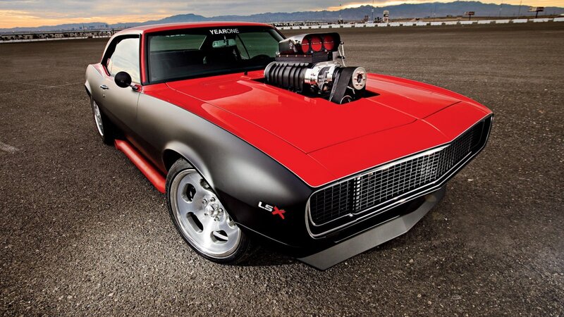 Red and Black Muscle Car — Dramatic, Sunset, Photograph, Engine