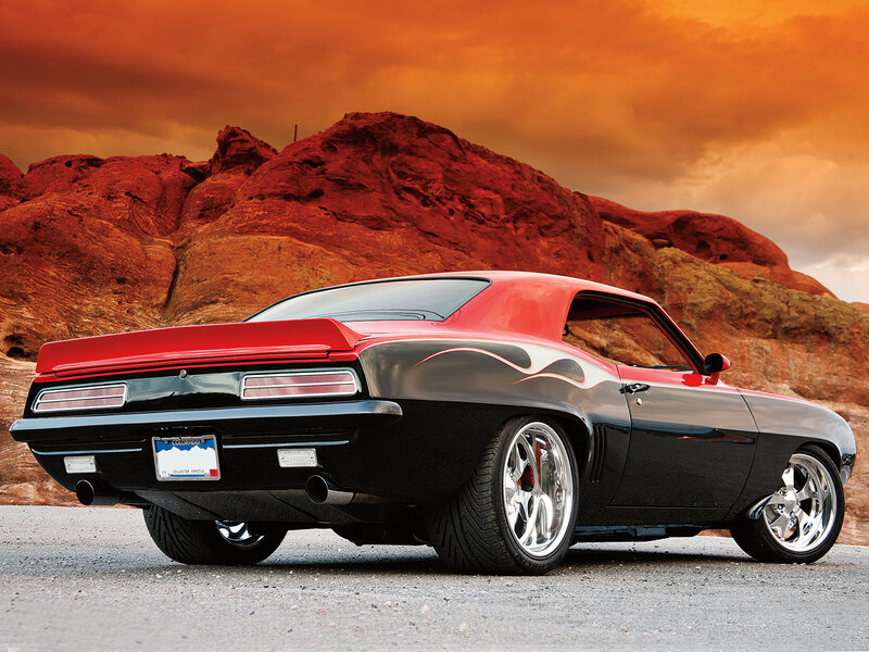 Red and Black Muscle Car — Dramatic, Sunset, Photograph